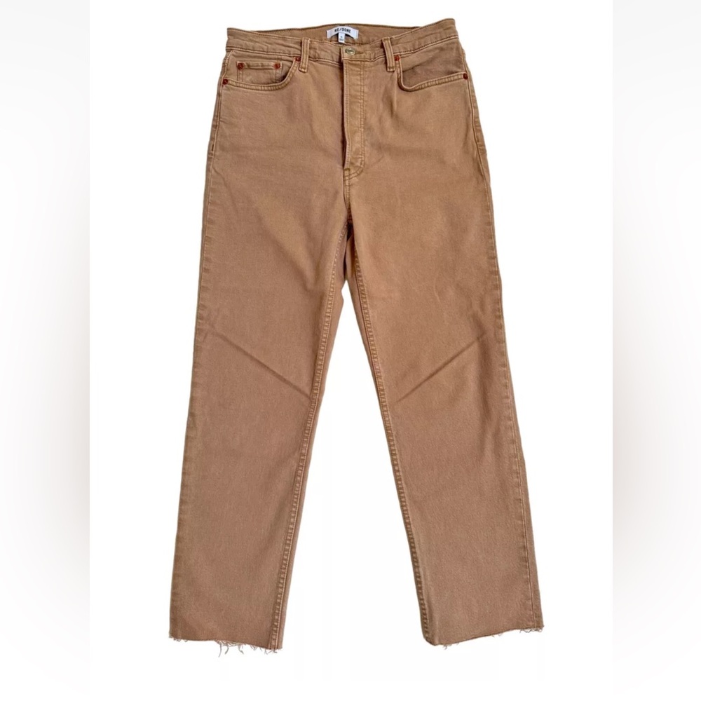 Re/Done Tan Jeans Tan High Waist Tapered Leg Cotton Blend Raw Hem Sz 29
